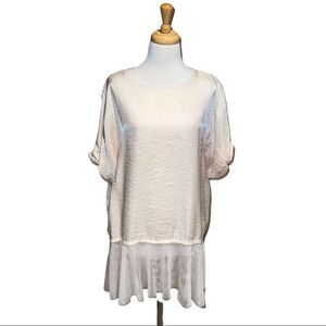 Zara Tunic Womens Large Pink Tulle Hem Short Sleeve Top Satin Round Neck Casual